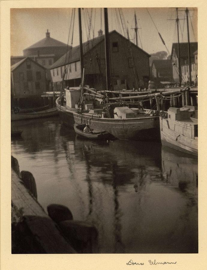 Doris Ulmann   1882-1934 Boats In Harbor With Wharf And Buildings In Background Painting