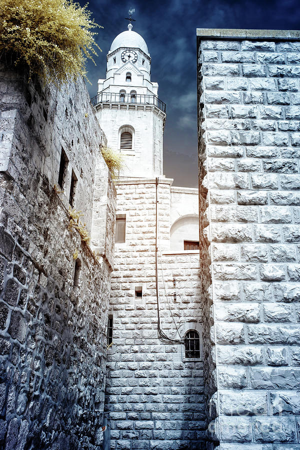 Dormition Abbey Clock Tower in Jerusalem Infrared Photograph by John Rizzuto