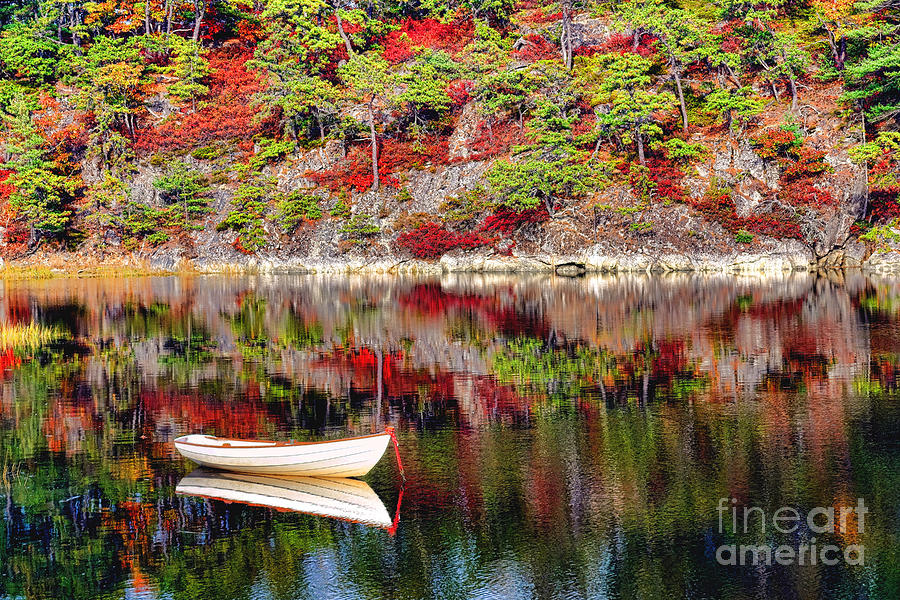 Dory on a Maine Lake in Autumn Photograph by Olivier Le Queinec