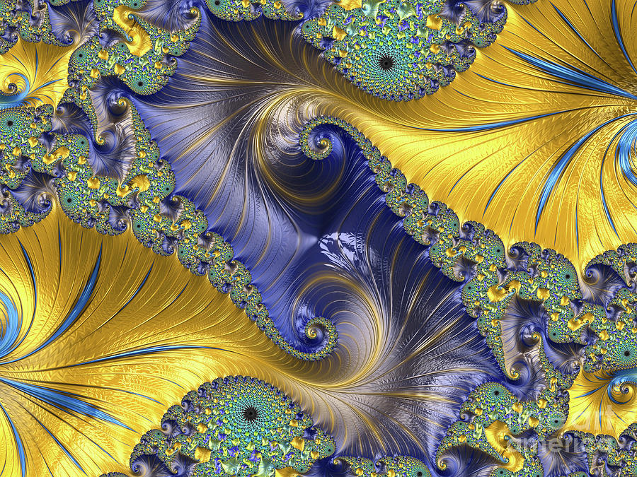 Abstract Digital Art - Double Blue and Gold Spiral by Elisabeth Lucas