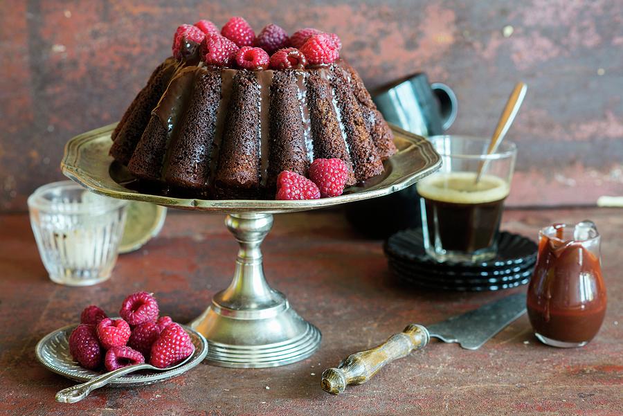 Double Chocolate Cake With Raspberries And Chocolate Sauce Baked Into A Bundt Tin Photograph by Irina Meliukh