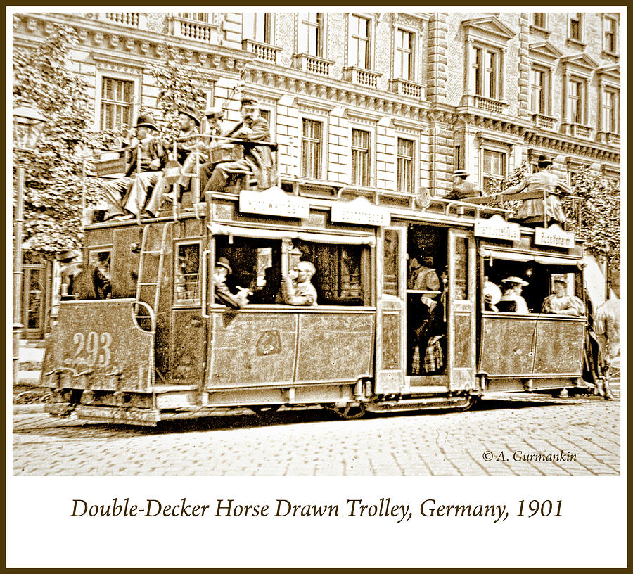 Double-decker Horse Drawn Trolley, Germany, 1901, Vintage Photog Photograph