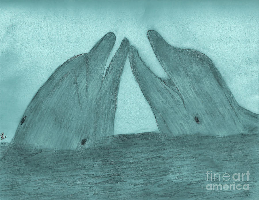 Double - Dolphins Drawing by D Hackett
