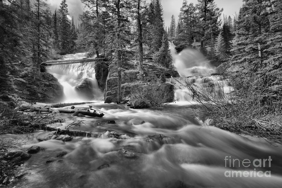 Double Falls At Glacier Park Black And White Photograph by Adam Jewell