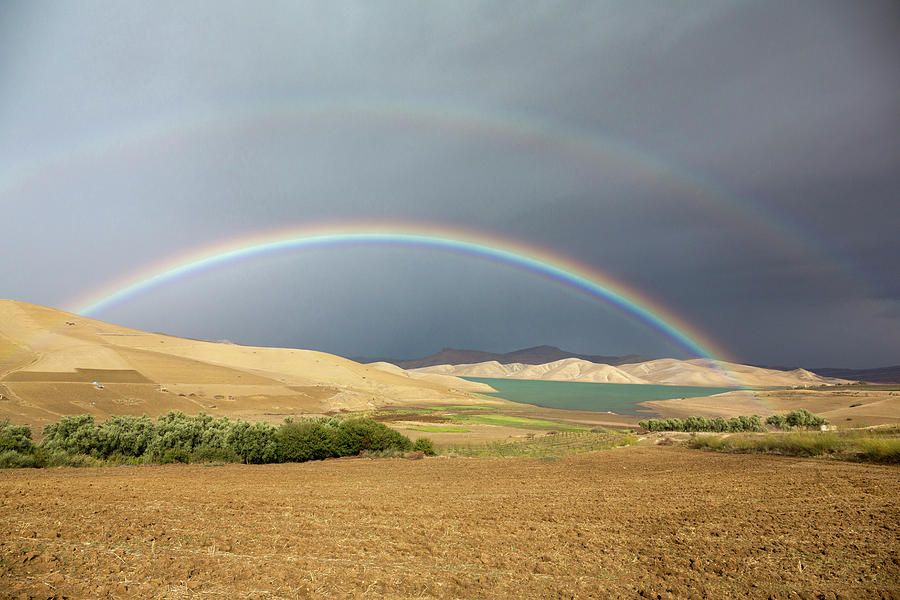 Double Rainbow Above Blue Lake, Morocco Digital Art by Tim Mannakee