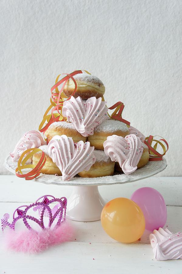 Doughnuts With Pink Meringues, Paper Streamers, Balloons, And A Tiara Photograph by Martina Schindler