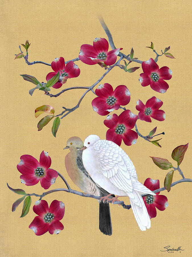 Doves In Red Dogwood Tree Digital Art by M Spadecaller