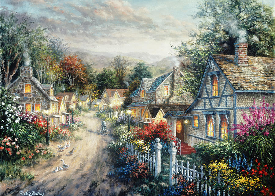 Goose Painting - Down Cottage Lane by Nicky Boehme