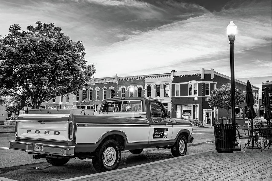 Downtown Bentonville Arkansas Square Skyline And Sam Walton Walmart Museum Truck Black And White Photograph By Gregory Ballos