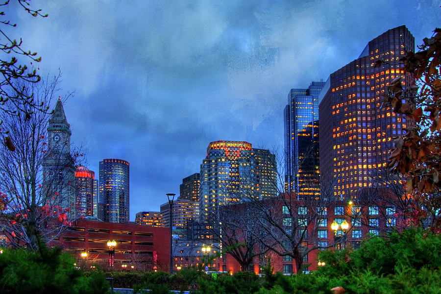 Downtown Boston Skyline at Night Photograph by Joann Vitali