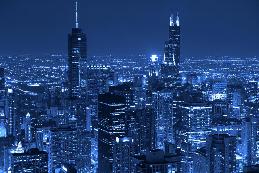 Downtown Chicago- Aerial View At Night Photograph by Kubrak78