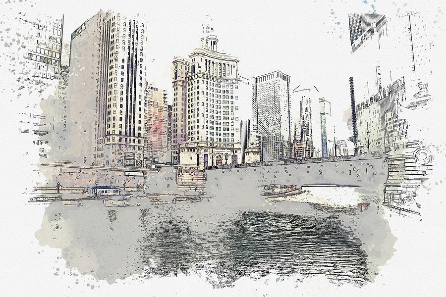 Architecture Painting - Downtown Chicago, river    watercolor by Ahmet Asar by Celestial Images