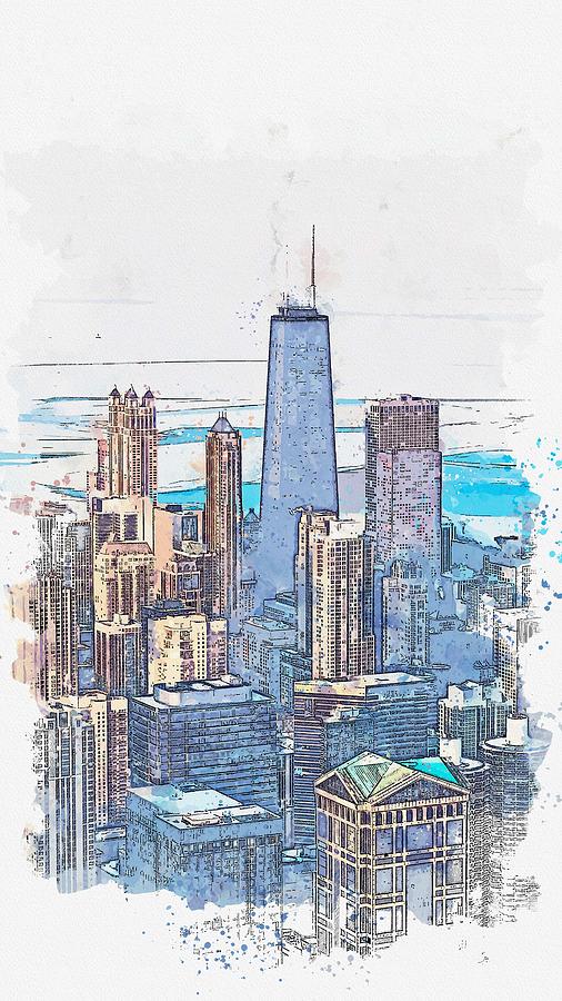 downtown chicago, watercolor by Adam Asar Painting by Celestial Images