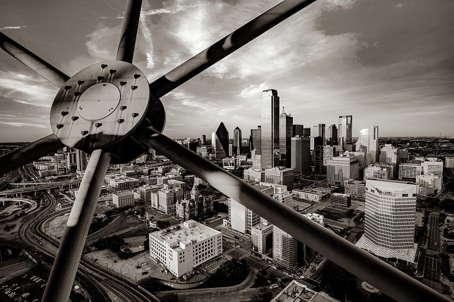 Downtown Dallas Texas Skyline Through Reunion Tower - Sepia Edition Photograph by Gregory Ballos
