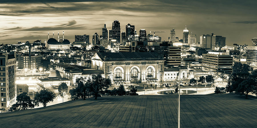 Downtown Kansas City Skyline Panoramic at Dusk in Sepia Photograph by Gregory Ballos