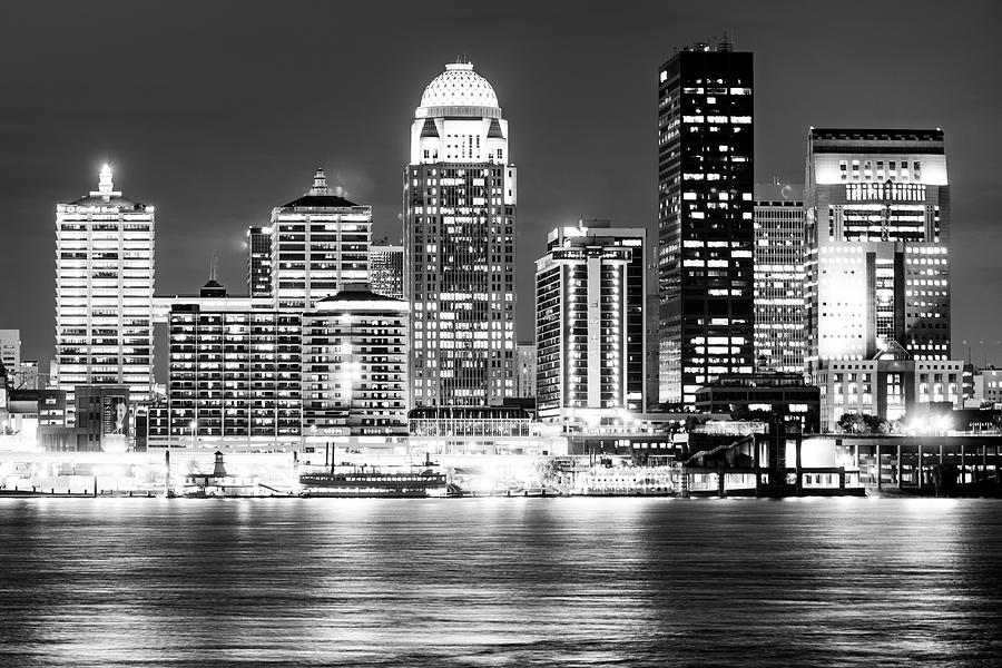 Louisville Kentucky Skyline at Dusk - Black and White Adult Pull-Over Hoodie  by Gregory Ballos - Pixels