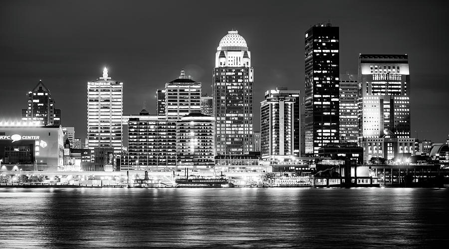 Downtown Louisville Kentucky Skyline Panorama at Dusk - Monochrome Photograph by Gregory Ballos