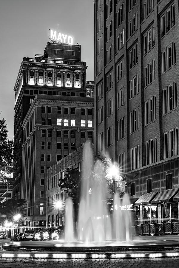 Tulsa Skyline Photograph - Downtown Tulsa Architecture and Bartlett Square Fountain - Black and White by Gregory Ballos