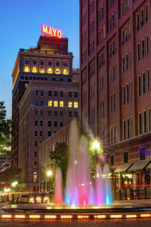 Tulsa Skyline Photograph - Downtown Tulsa Architecture and Bartlett Square Fountain by Gregory Ballos