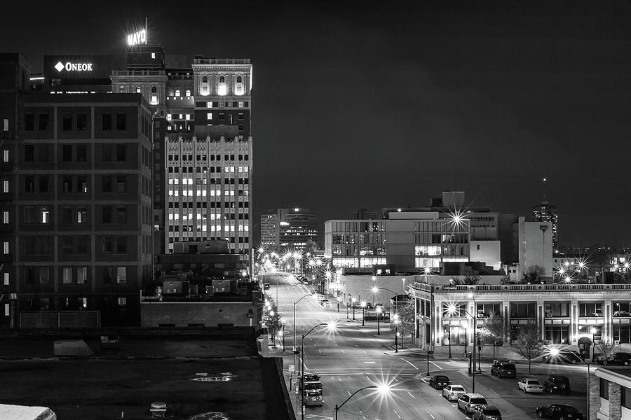 Downtown Tulsa Oklahoma Night Cityscape and Mayo Hotel - Monochrome Photograph by Gregory Ballos