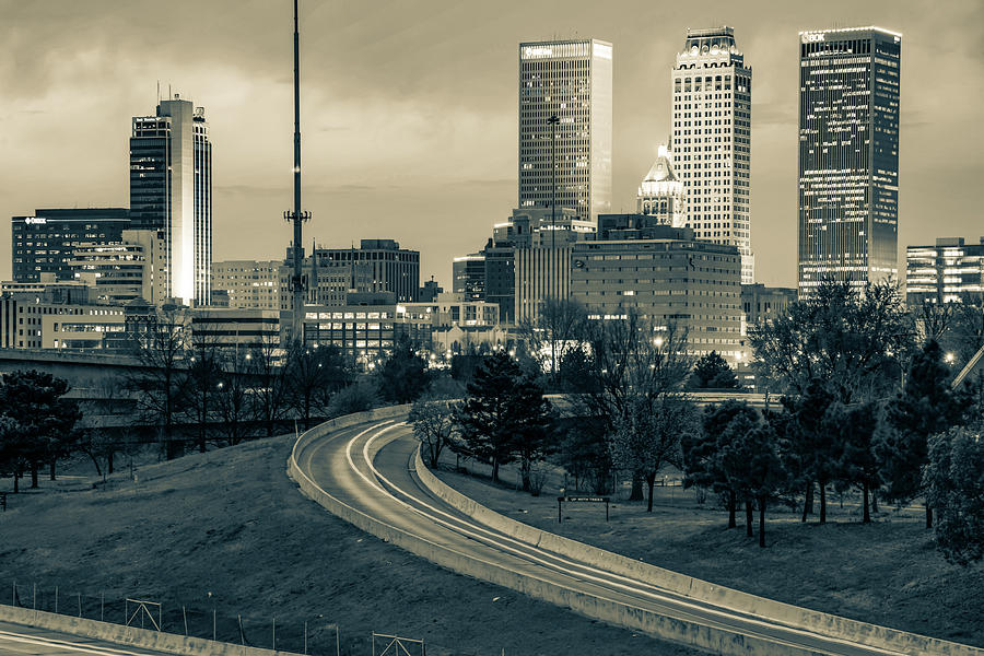 Downtown Tulsa Skyline - Sepia Cityscape Photograph