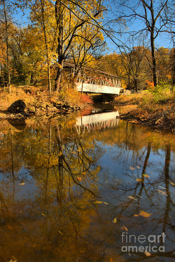Dr. Knisley Coverd Bridge Autumn Reflections Photograph by Adam Jewell