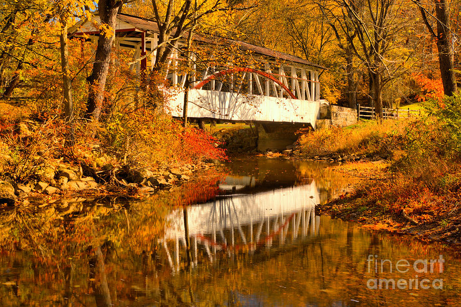 Dr. Knisley Covered Bridge Autumn Reflection Photograph by Adam Jewell