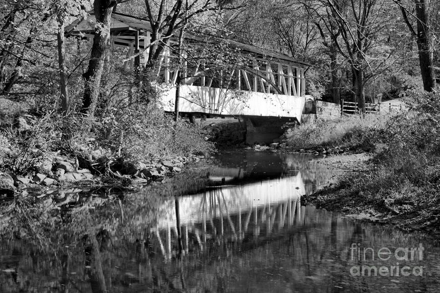 Dr. Knisley Covered Bridge Autumn Reflection Black And White Photograph by Adam Jewell