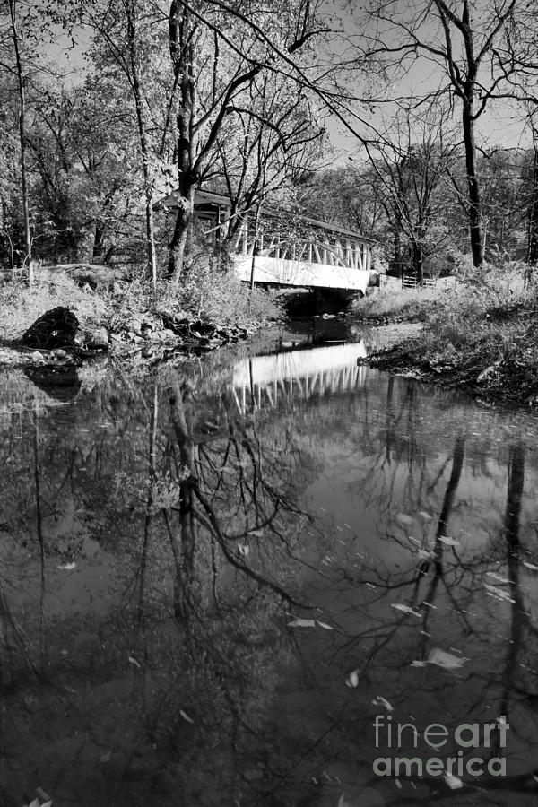 Dr. Knisley Covered Bridge Autumn Reflections Black And White Photograph by Adam Jewell
