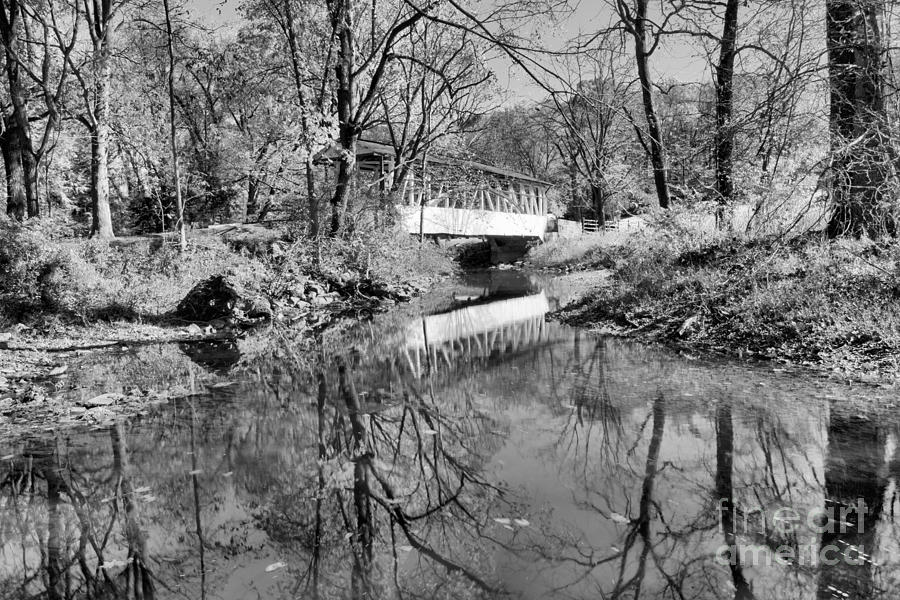 Dr Knisley Covered Bridge Reflections Black And White Photograph by Adam Jewell