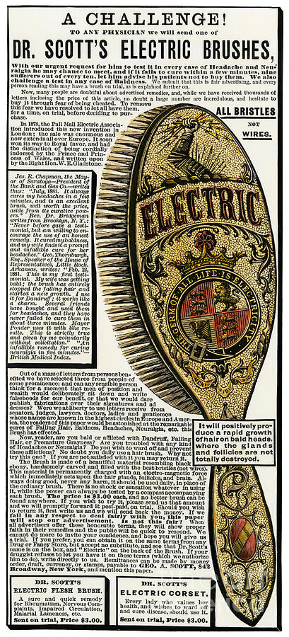 Brush Drawing - Dr Scotts Electric Brush Advertising For Dr Scotts Hair Brushes Selling Hair Growth, 1880s Colour Engraving Of The 19th Century by American School