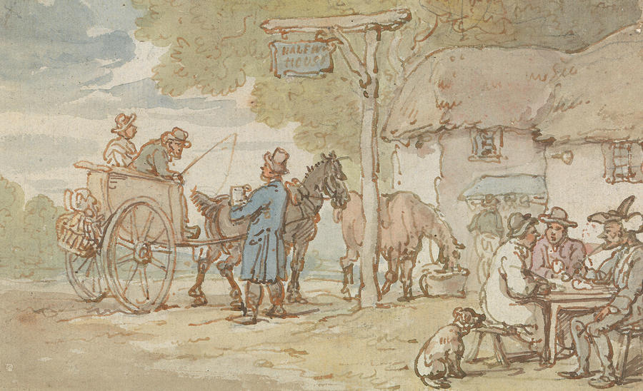 Dr Syntax outside the Halfway House Drawing by Thomas Rowlandson