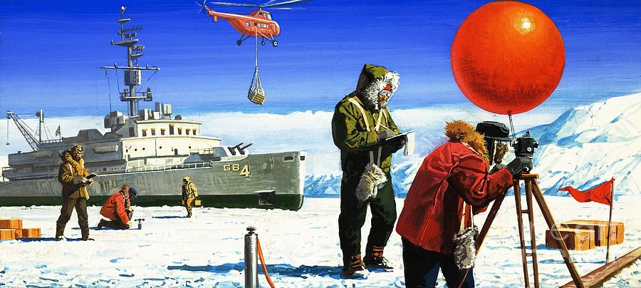 Helicopter Painting - Dr Vivian Fuchs Carries Out Scientific Experiments In The Antarctic by Severino Baraldi
