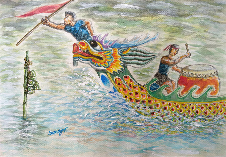 Flag Painting - Dragon Boat Racing by Jo lan Tao