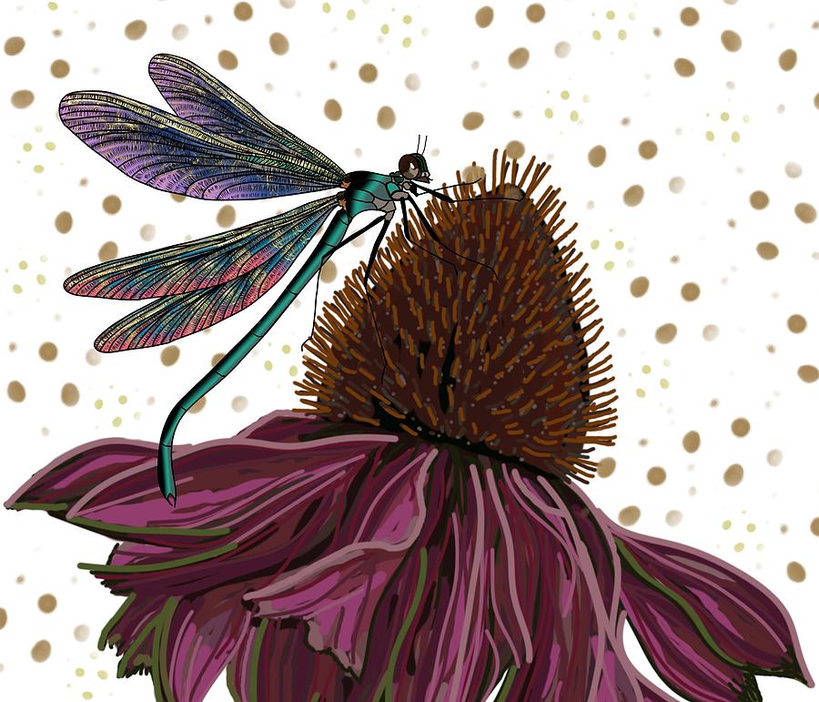 Dragon fly and Echinacea Flower Drawing by Joan Stratton