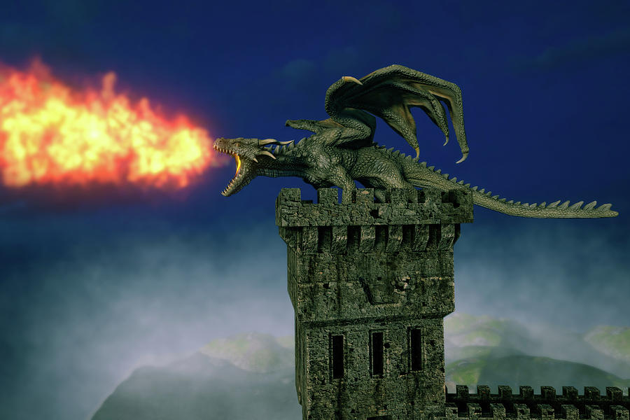 Dragon spits fire on top of a castle tower Digital Art by Matthias Hauser
