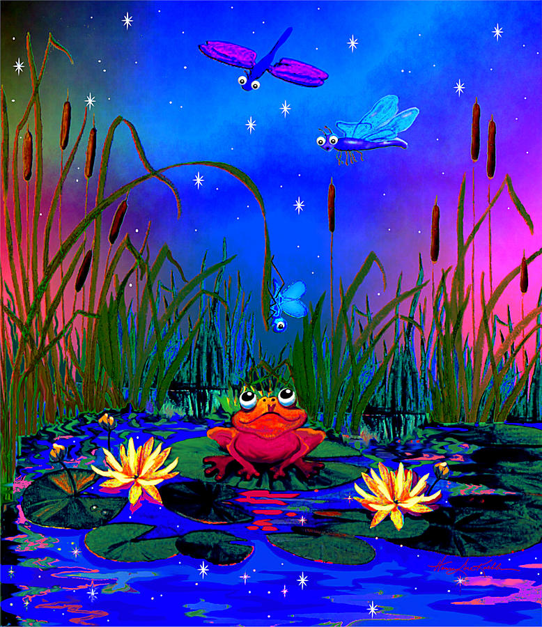 Dragonfly Pond Night Painting by Hanne Lore Koehler