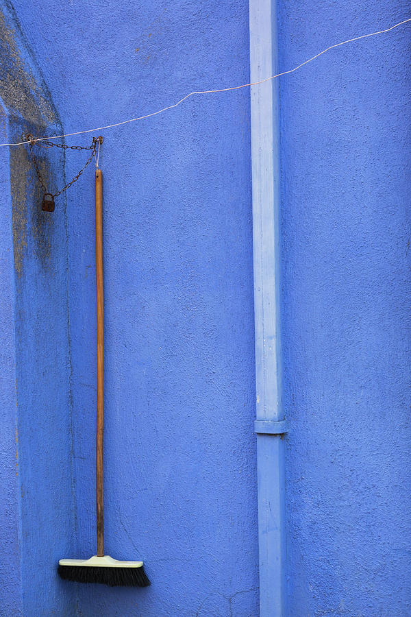 Pipe Digital Art - Drain And Broom Locked With Chain On Blue Stucco Exterior House Wall, Burano Island, Venetian Lagoon, Venice, Veneto, Italy by Perry Mastrovito