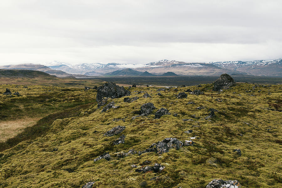 Dramatic Moss Covered Lava Flows And Snow Capped Peaks In Iceland 