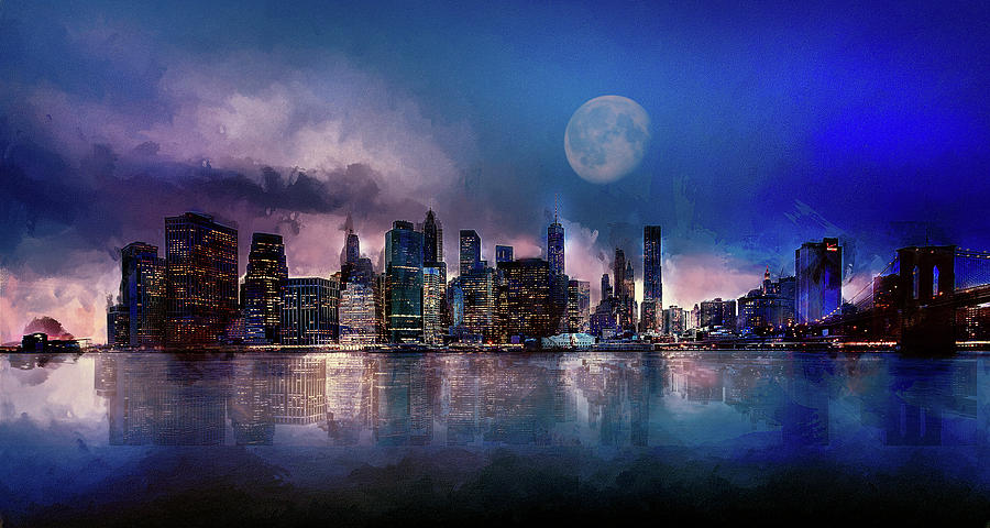 Dramatic Night View New York City Skyline Watercolor Sketch Elaine Plesser 