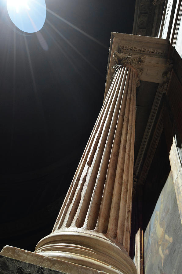 Dramatic Sun Flare through Oculus onto Roman Marble Column Panthenon Rome Italy Photograph by Shawn OBrien