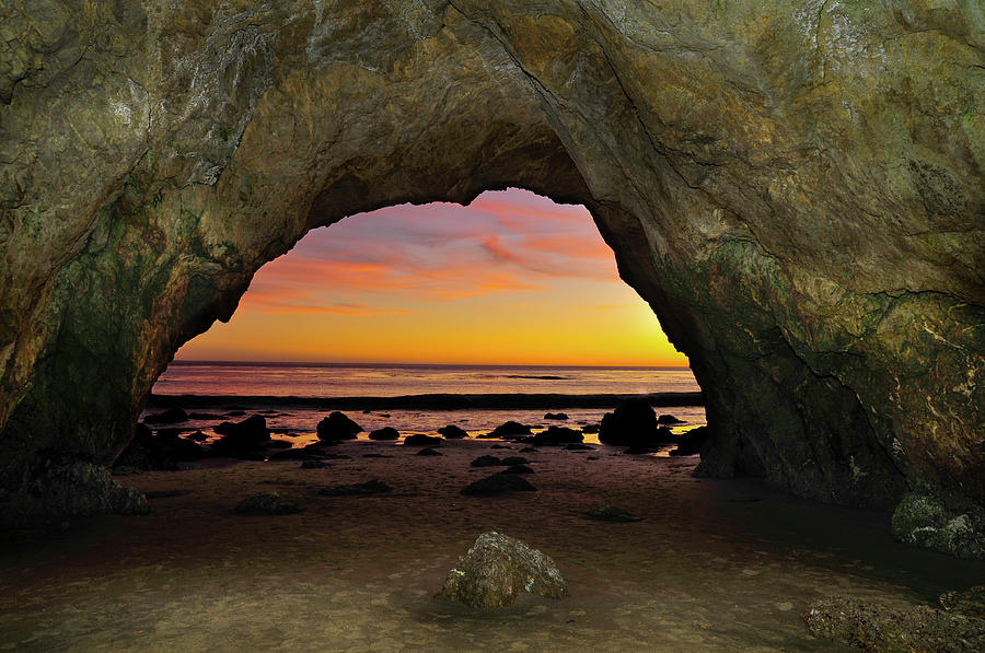 Dramatic Sunset Seen From Inside Cave Photograph by Chasethesonphotography