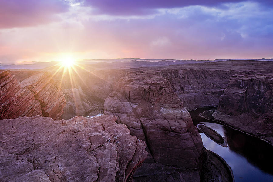 Dramatic Sunset With Sunrays In Horseshoe Bend Canyon In Page Arizona Photograph