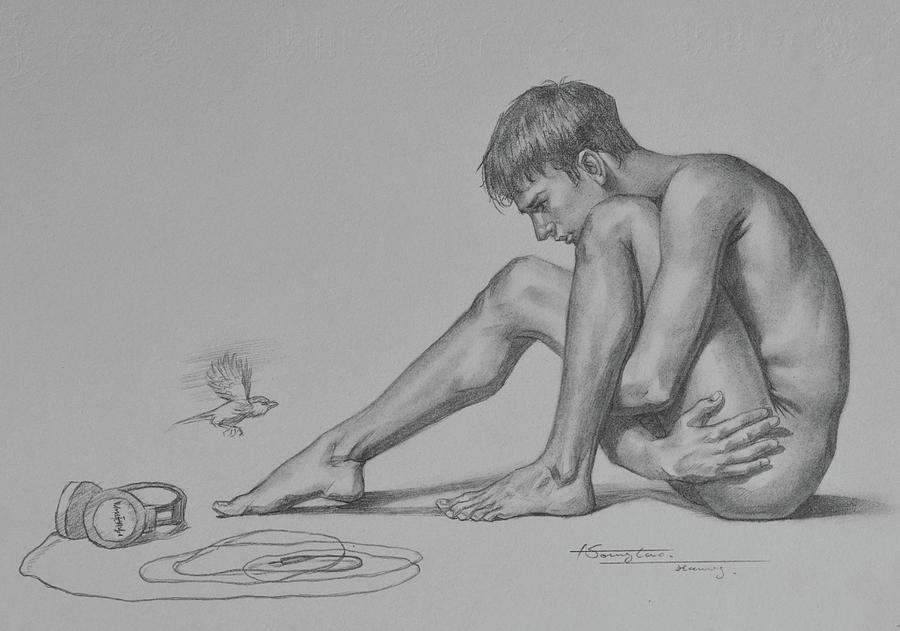 Drawing male nude and bird#181123 Drawing by Hongtao Huang