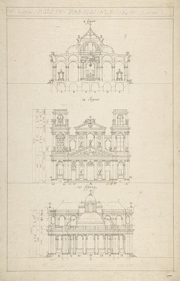 Drawing Of Interior, Facade, And Rear Of Church Drawing by Jacques ...