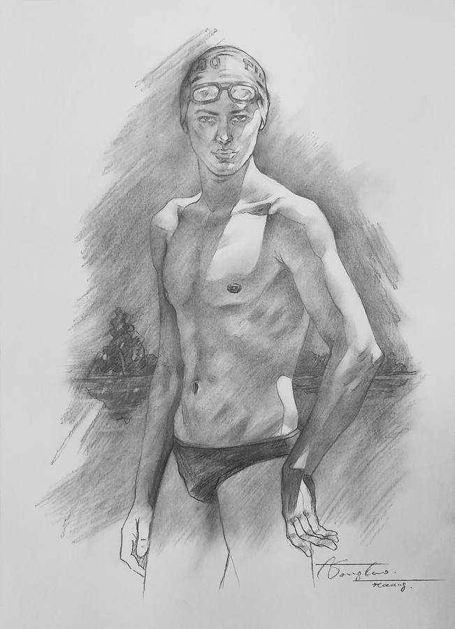 Man Drawing - Drawing - Swimmer#1991 by Hongtao Huang
