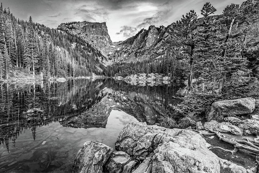 Dream Lake Mountain Landscape Reflections in Black and White Photograph by Gregory Ballos