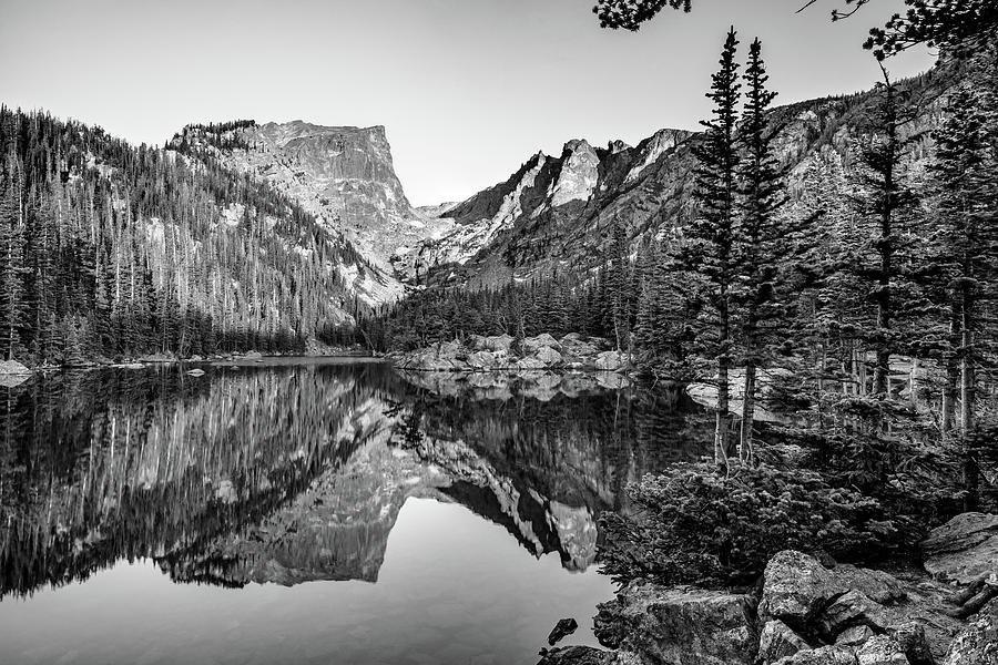 Dream Lake Rocky Mountain Landscape In Black And White Photograph