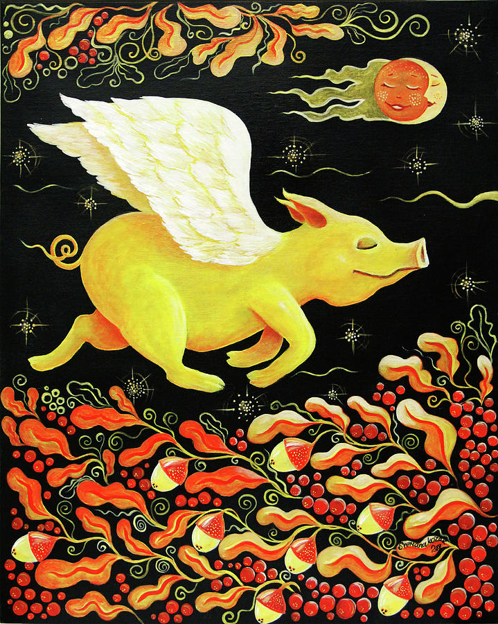 Pig Painting - Dreaming of flight by Svetlana Kozak