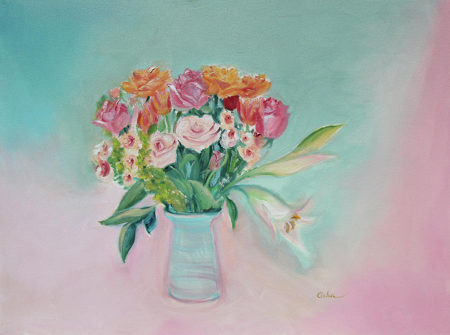 Dreamy Roses and Lilies in a Vase Painting by Asha Carolyn Young